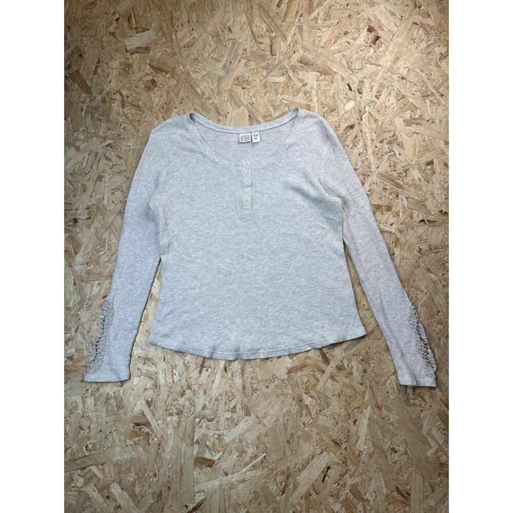 Canyon River Blues Henley Shirt Womens Large Gray Waffle Knit Crochet Sleeve Tee